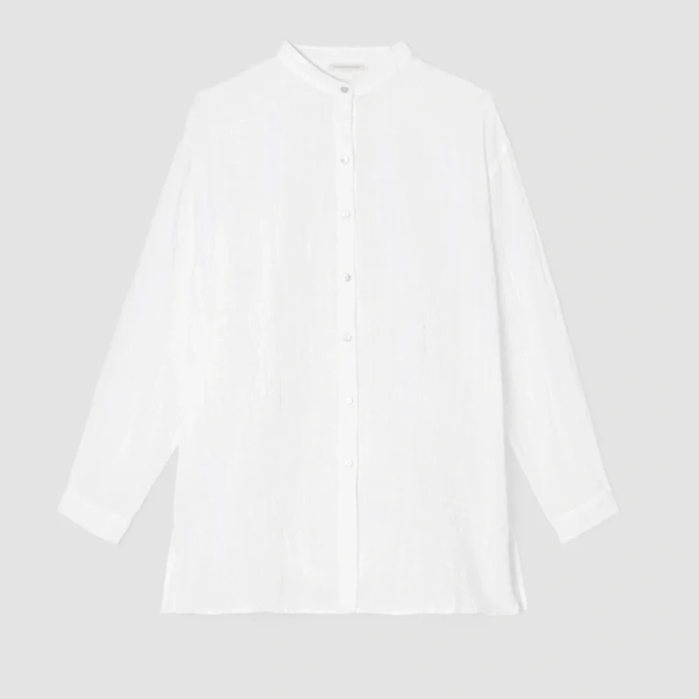 NWT EILEEN FISHER Linen Cotton Sheer Check Mandarin Collar Shirt - Picture 4 of 10
